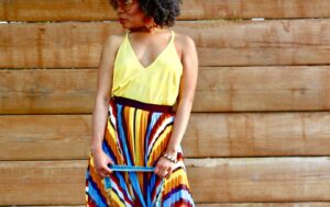 colorful striped midi skirt outfit