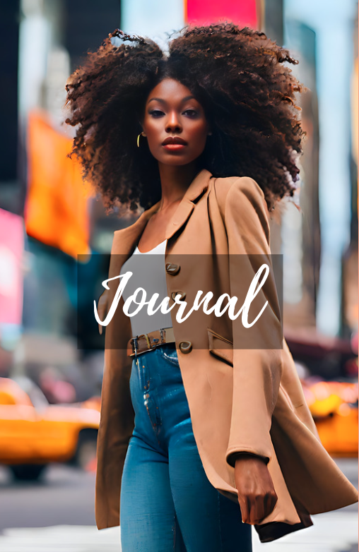 Black Woman Street Style with big long curly hair wearing a tan coat, white tank top and jeans